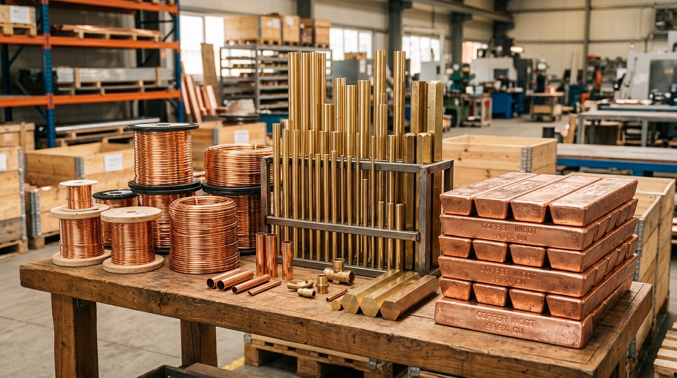 Copper wire, brass rods, ingots and billets on display