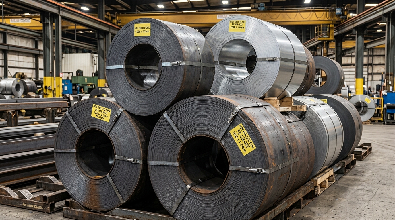 Hot rolled steel coils stacked in storage